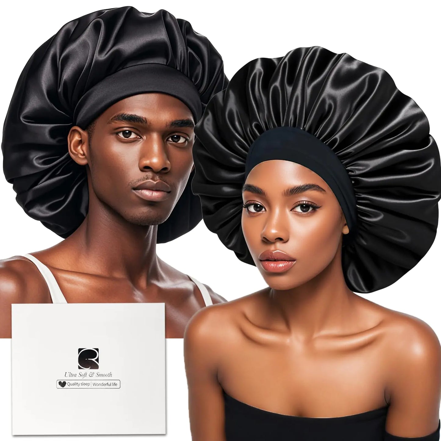 Ravmix 2PCS Silk Satin Bonnet for Men Sleeping Women Dual Layer Extra Large Satin Silk Hair Bonnet Hair Wrap for Sleep Satin Sleep Caps for Curly Hair Black+Black