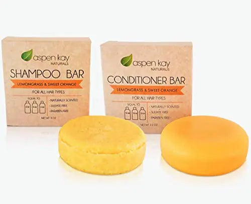 Shampoo and Conditioner Solid Bars Set - Lemongrass & Sweet Orange. Organic Ingredients All Hair Types Sulfate-Free Cruelty Free & Vegan. One 3 ounce bar and one 2.3 ounce bar.