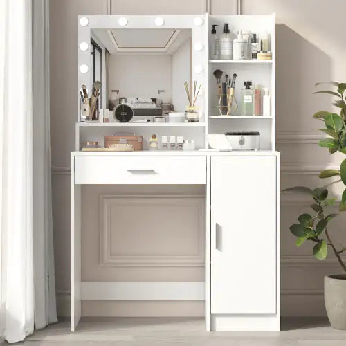 Vanity Desk With Mirror Light, Large Drawer Three Level Storage Dresser, 3 Lighting Modes Adjustable Brightness, Bedroom Dressing Table