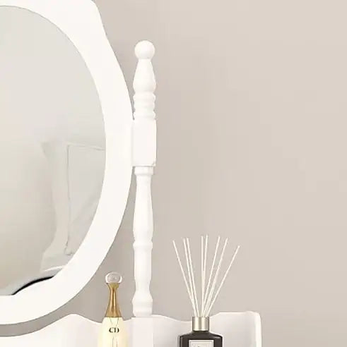 Vanity Table Set With 4 Drawer, Makeup Dressing Table W  Cushioned Stool, Girls Women Bedroom Furniture Set Oval Mirror