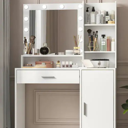 Vanity Desk With Mirror Light, Large Drawer Three Level Storage Dresser, 3 Lighting Modes Adjustable Brightness, Bedroom Dressing Table