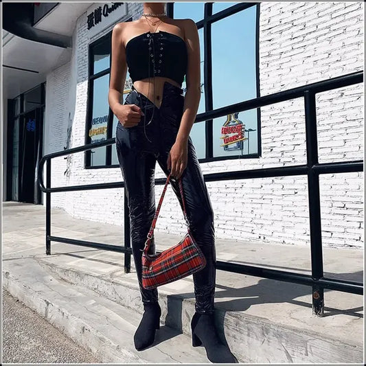 High Waist Black PU Leather Skinny Trousers for Women