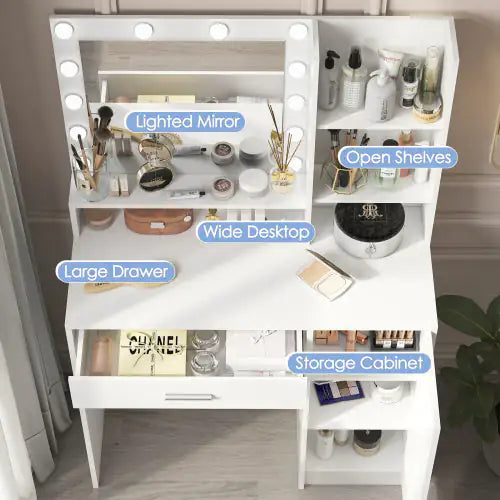 Vanity Desk With Mirror Light, Large Drawer Three Level Storage Dresser, 3 Lighting Modes Adjustable Brightness, Bedroom Dressing Table