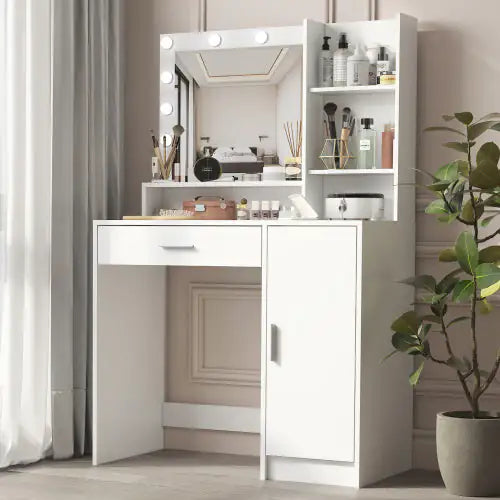 White vanity with mirror and cosmetic products in a room with a plant.