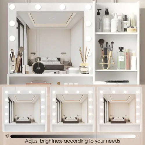 Vanity Desk With Mirror Light, Large Drawer Three Level Storage Dresser, 3 Lighting Modes Adjustable Brightness, Bedroom Dressing Table