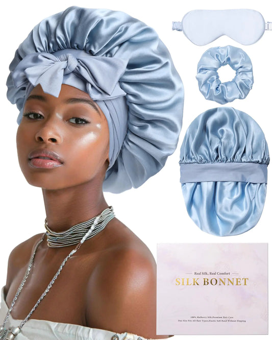 Mulberry Silk Bonnet for Sleeping Women Curly Hair Bonnet With Tie Band Double Layer Reversible Sleep Bonnet Silk Hair Wrap Sleep Cap (Blue)