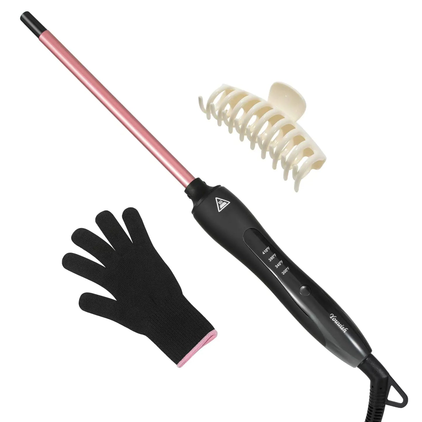 Youuish 3/8 Inch Small Curling Iron Small Curling Wand for Long & Short Hair Ceramic Barrel Curling Iron with Adjustable Temperature Include Heat Resistant Glove and Claw Clip (Rose Pink)