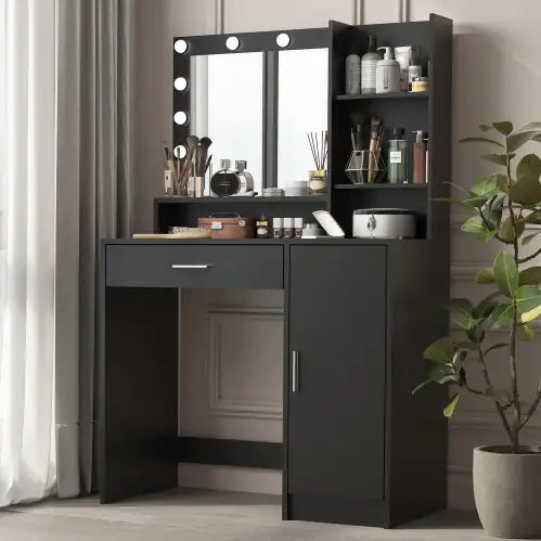 Vanity Desk With Mirror Light, Large Drawer Three Level Storage Dresser, 3 Lighting Modes Adjustable Brightness, Bedroom Dressing Table