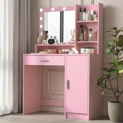 Vanity Desk With Mirror Light, Large Drawer Three Level Storage Dresser, 3 Lighting Modes Adjustable Brightness, Bedroom Dressing Table